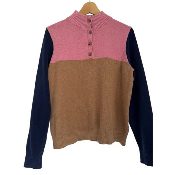 J. Crew Color Block Mock Neck Button Up Sweater Pink Tan Navy Size L - Picture 1 of 10